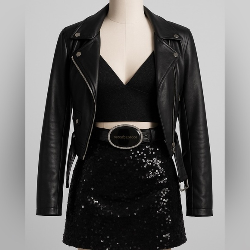 🖤 Roccobarocco Black Textured Leather Belt with Crystal Oval Buckle – Size 42